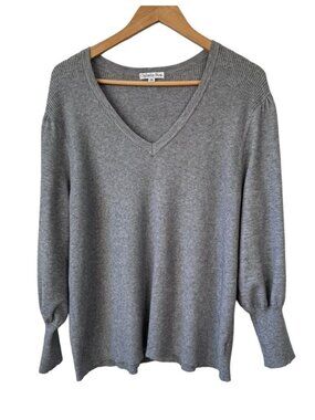 2/$30 Ophelia Roe Sweater Stretchy Gray V Neck Poof Sleeve Ribbed Knit